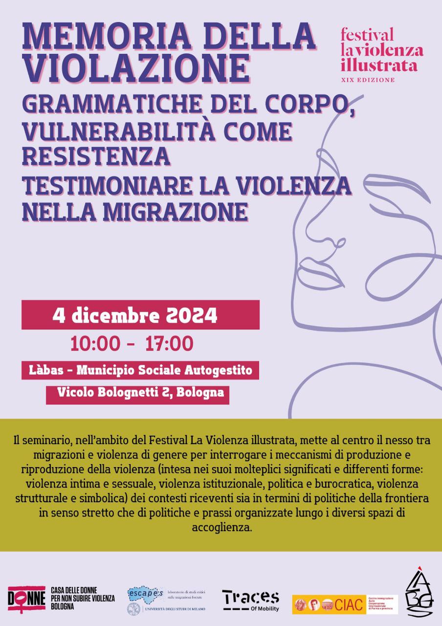 Locandina dell'incontro "Testimoniare la violenza nella migrazione. Memoria della violazione, grammatiche del corpo, vulnerabilità come resistenza" Festival La violenza illustrata, 4 dicembre 2024 ore 10-17 Làbas – Municipio Sociale Autogestito, Vicolo Bolognetti 2, Bologna