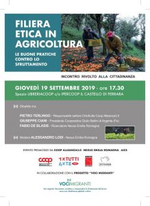 Locandina evento Ferrara 19 settembre 2019 "Filiera etica in agricoltura"
